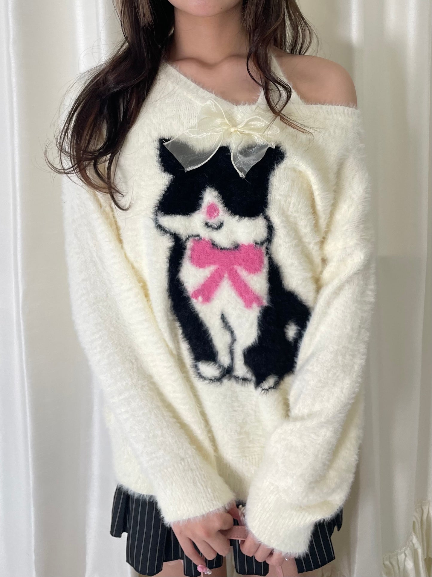 キャットデザインホワイトニット DPB67042