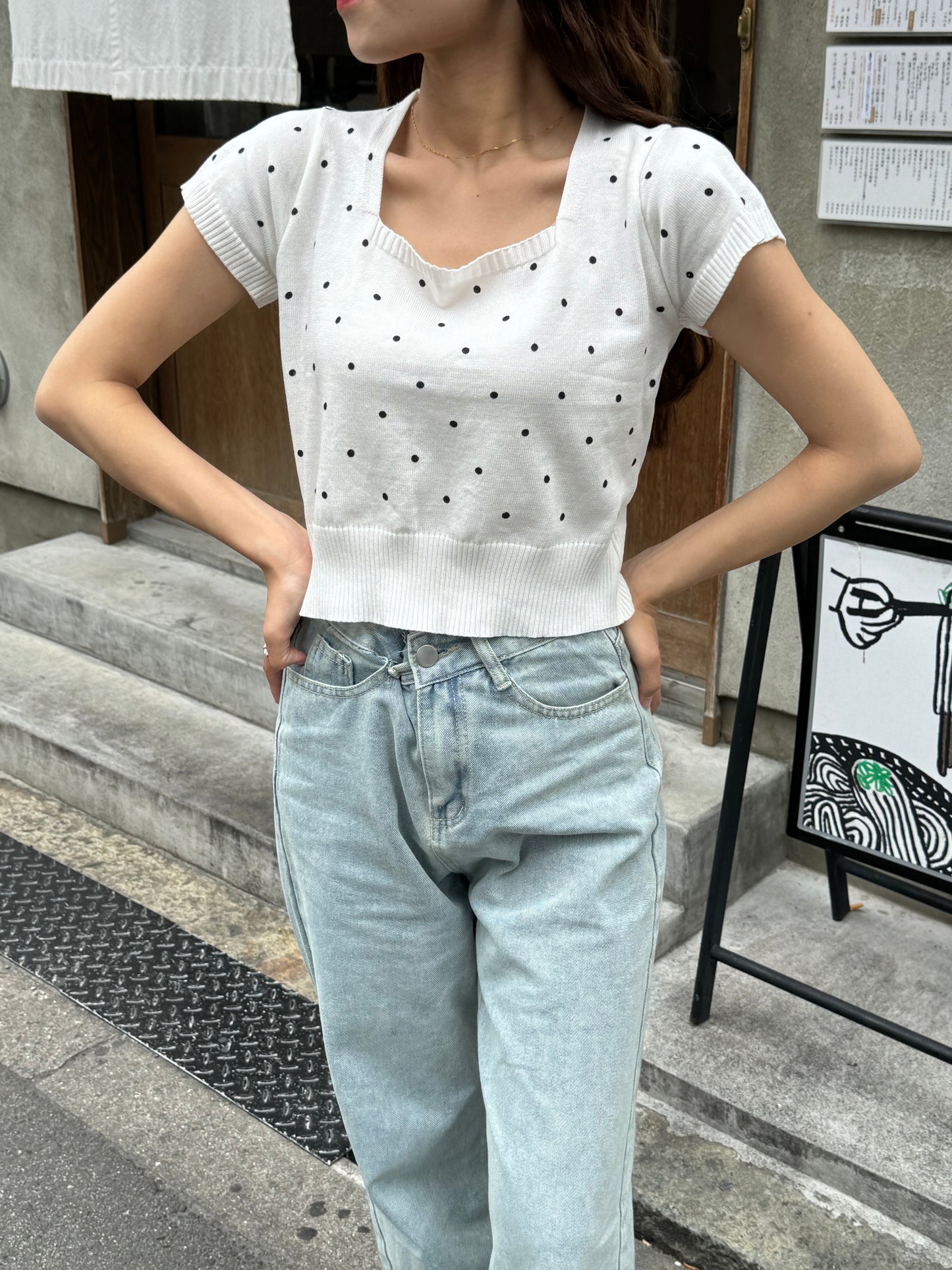 スクエアネックドットニットTシャツ CPA45008