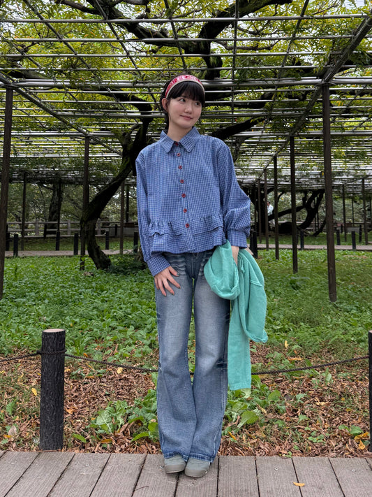 レッドボタンフリルチェックシャツ DPA43663