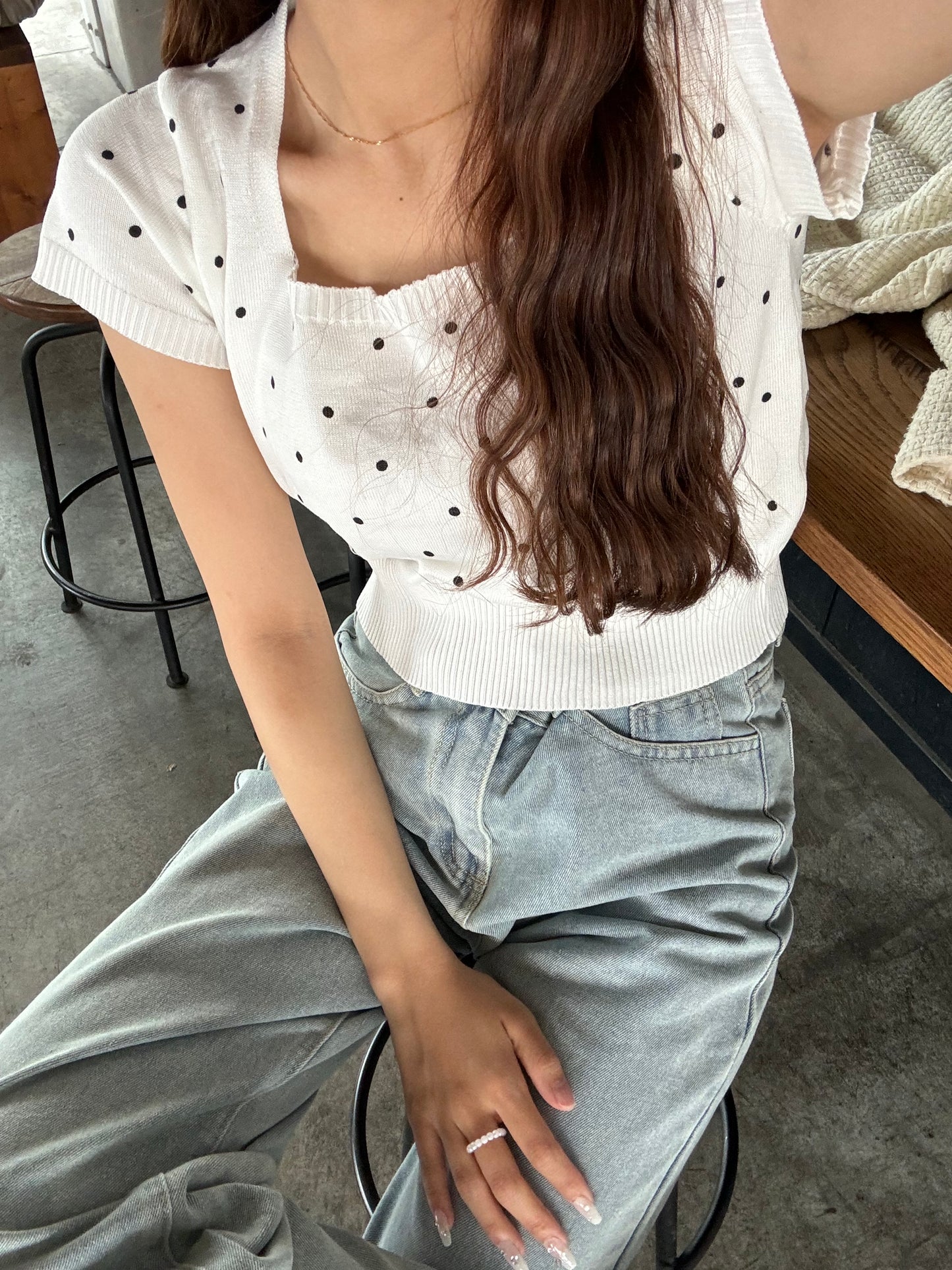 スクエアネックドットニットTシャツ CPA45008