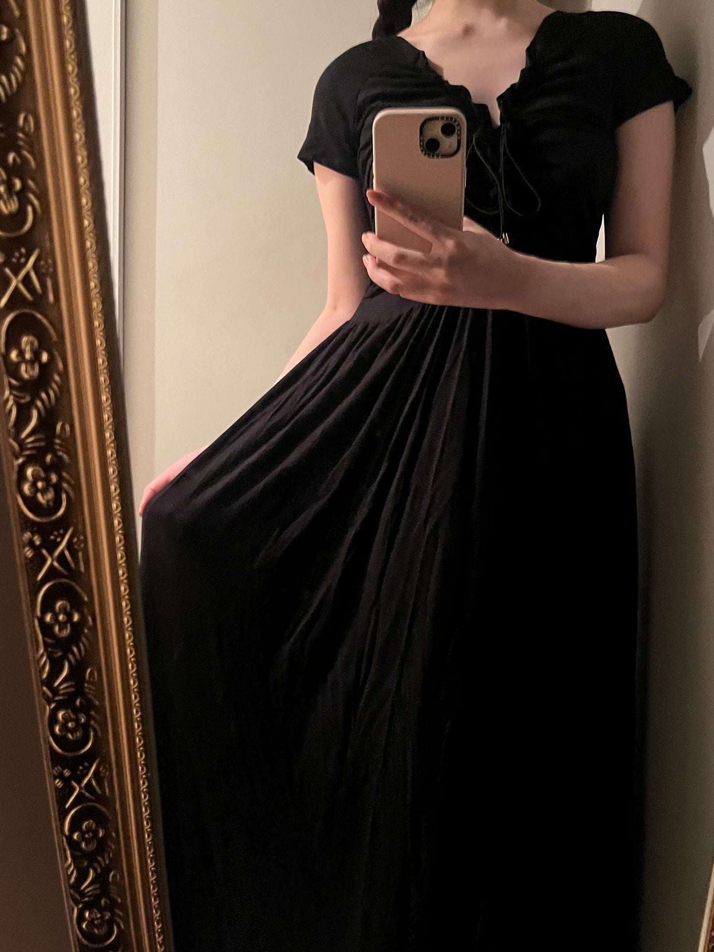 ブラックギャザーロングワンピース CPA03127