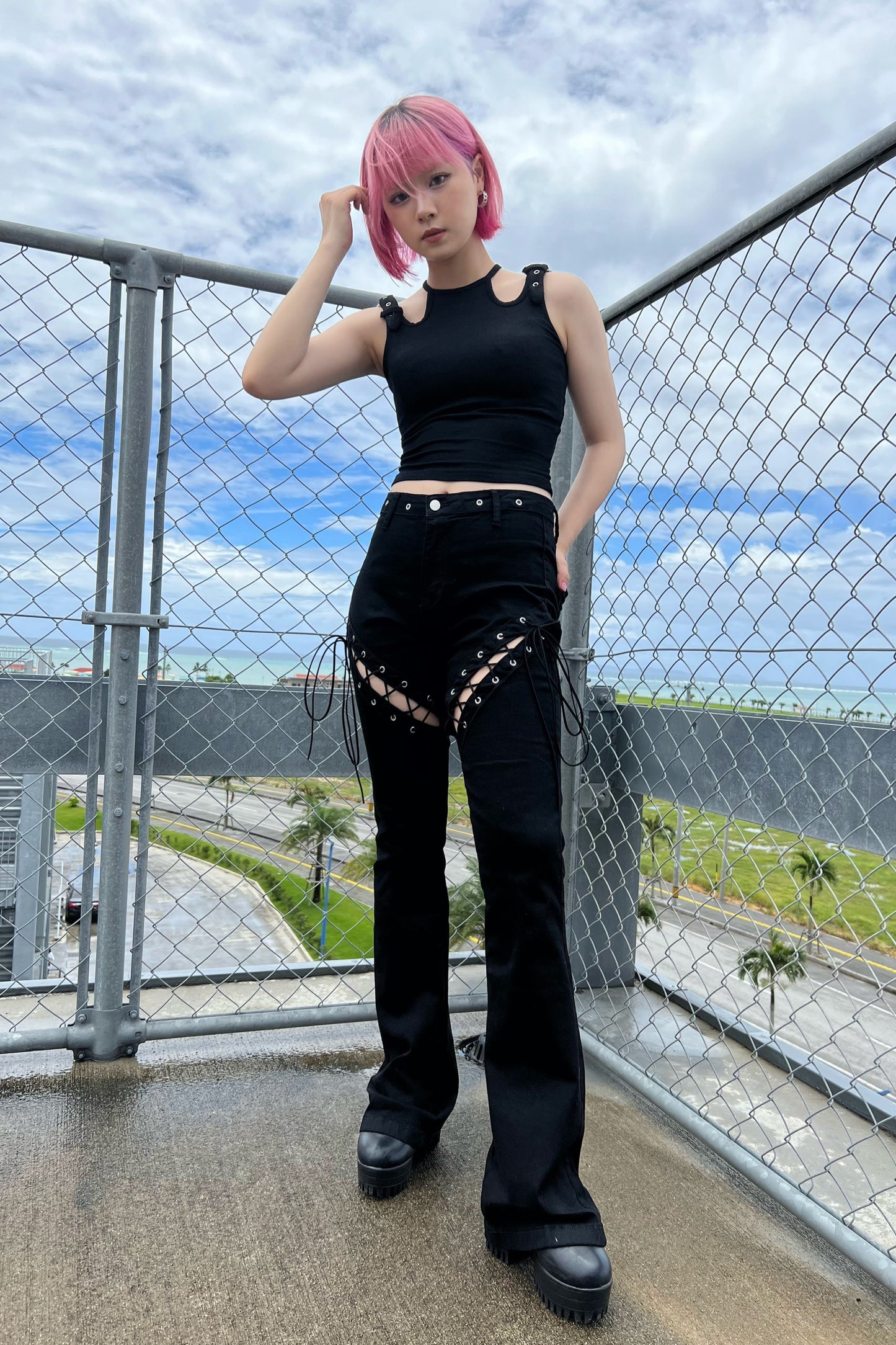 レースアップブーツカットブラックパンツ DPA89008