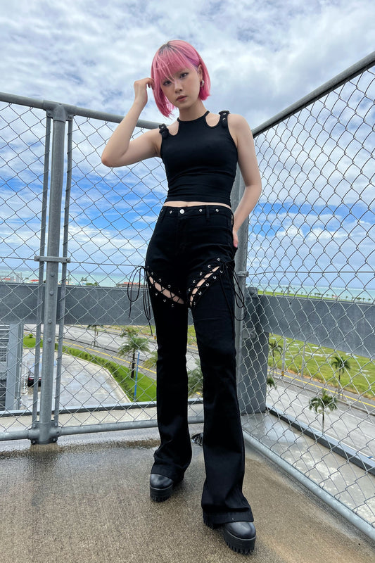 レースアップブーツカットブラックパンツ DPA89008
