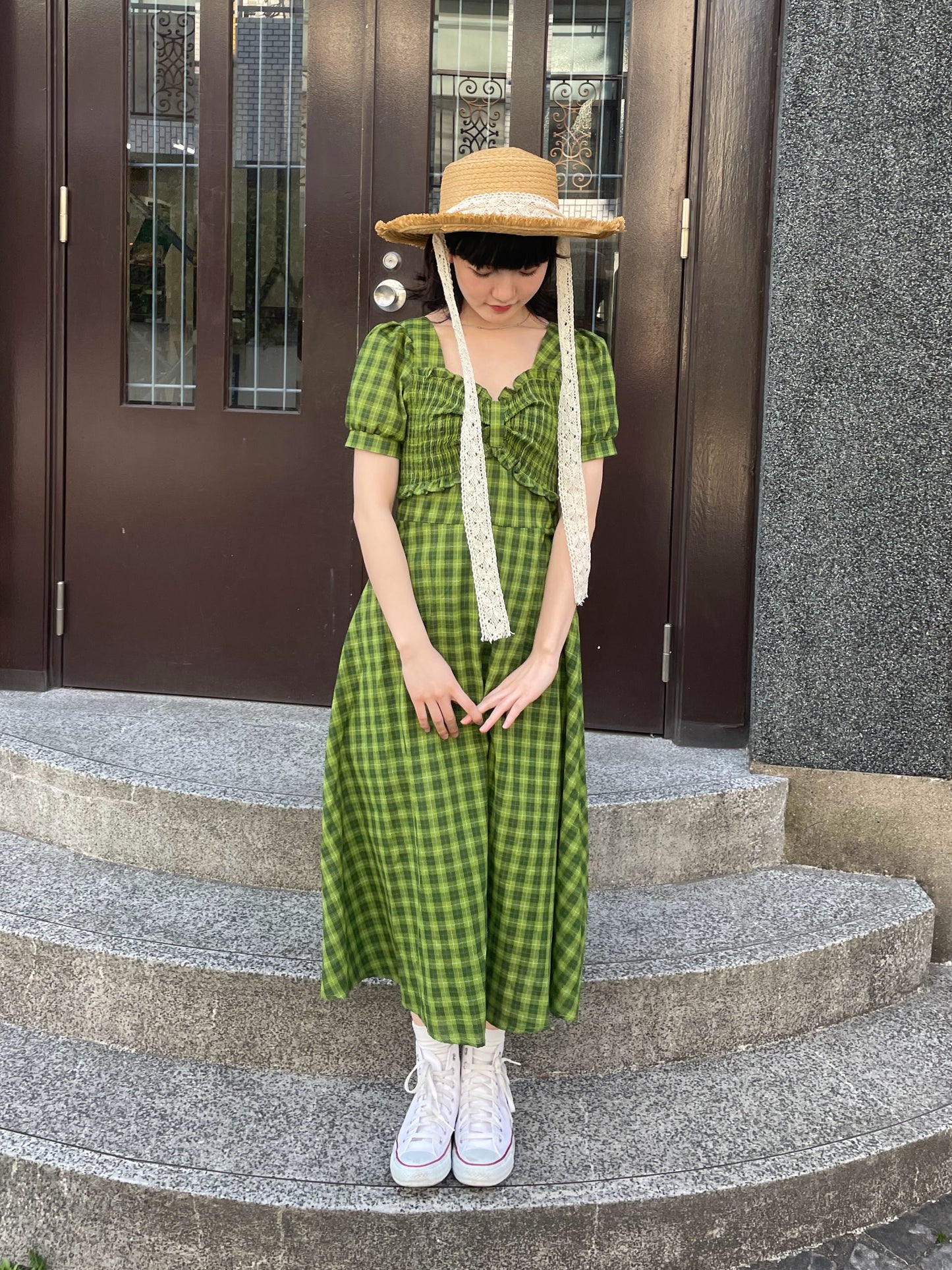 グリーンチェックロングワンピース DPA43181