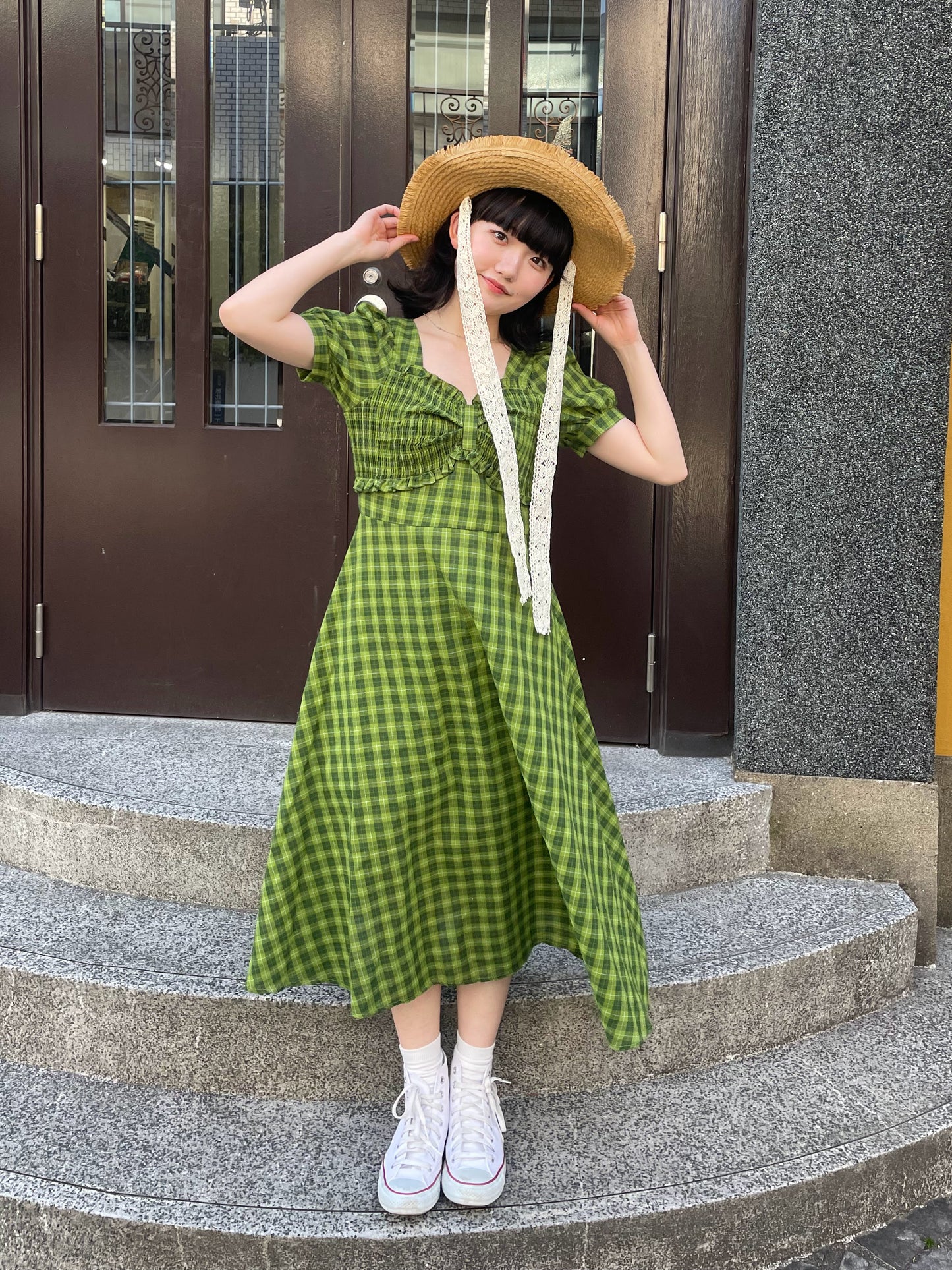 グリーンチェックロングワンピース DPA43181