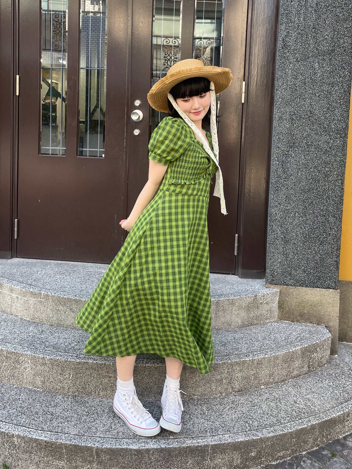 グリーンチェックロングワンピース DPA43181