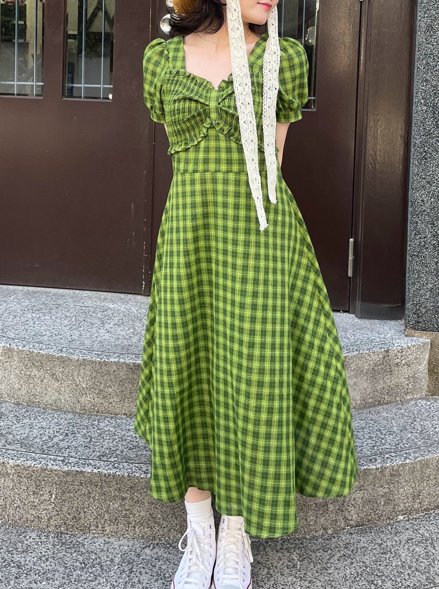 グリーンチェックロングワンピース DPA43181