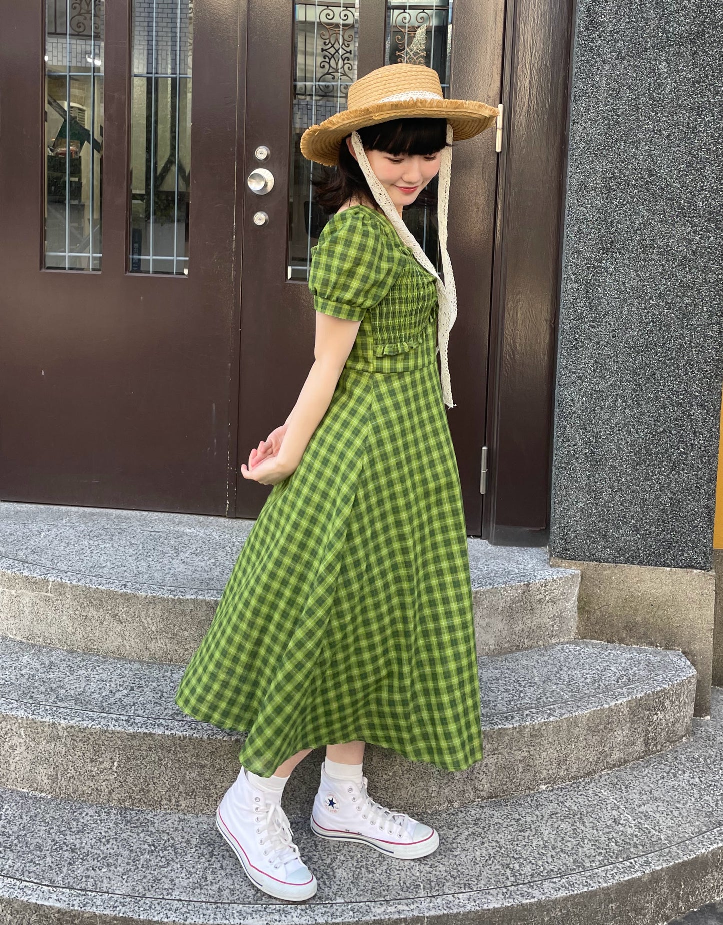 グリーンチェックロングワンピース DPA43181