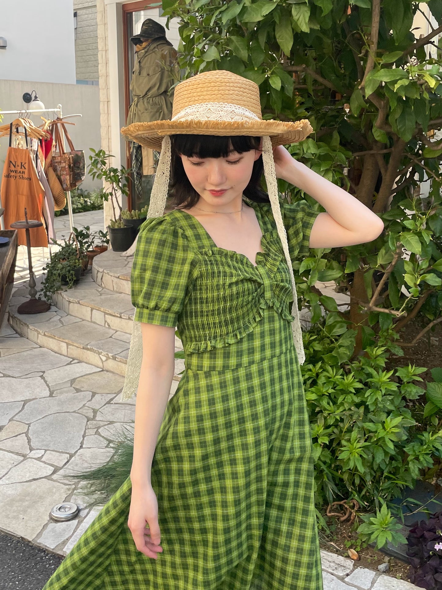 グリーンチェックロングワンピース DPA43181