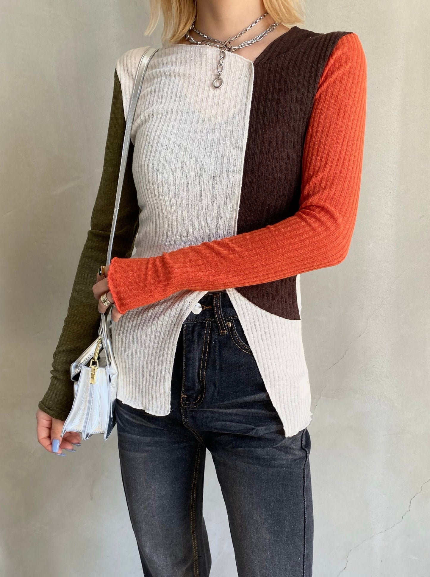 バイカラーフロントオープンニット DPB26111