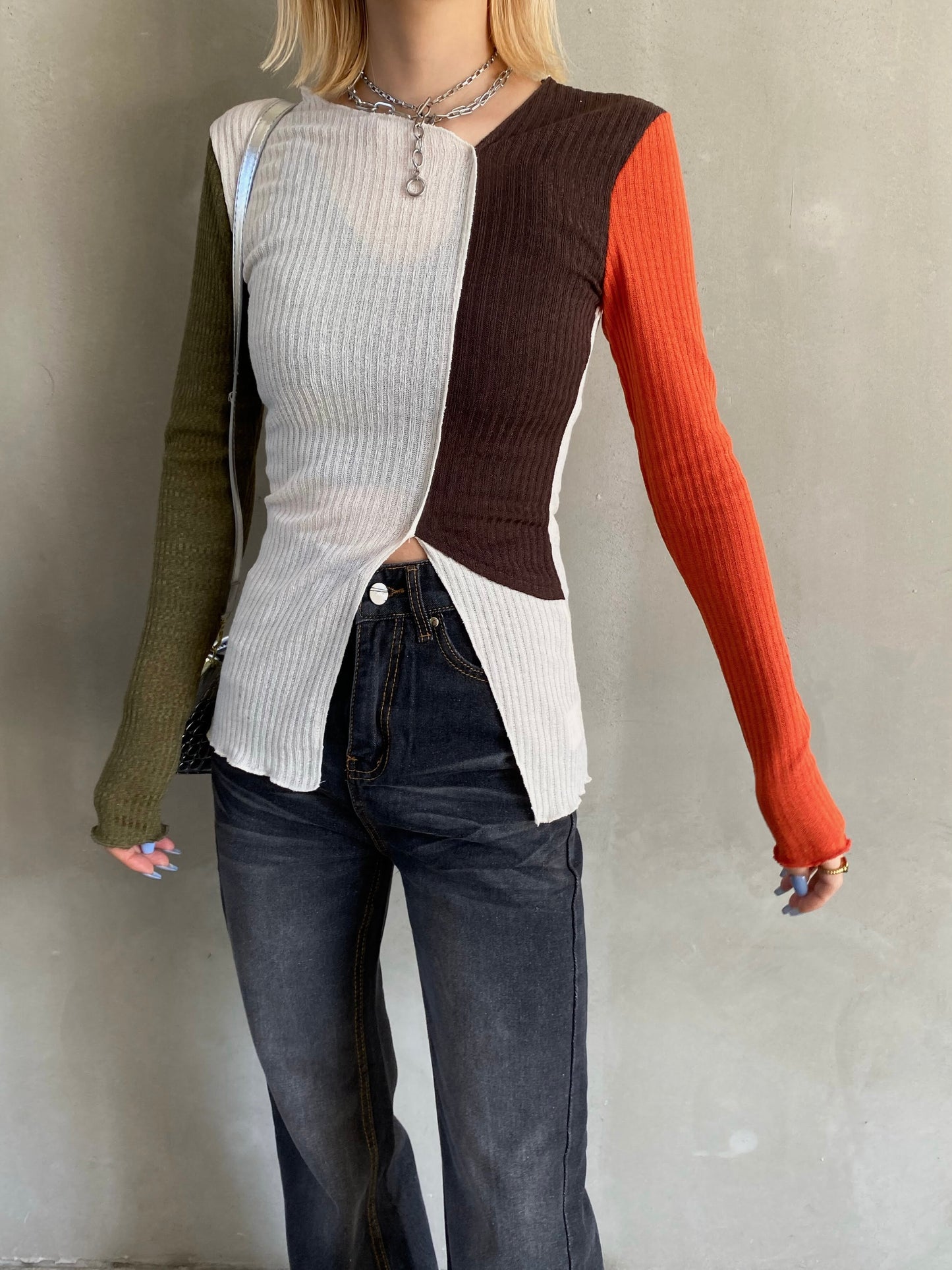 バイカラーフロントオープンニット DPB26111