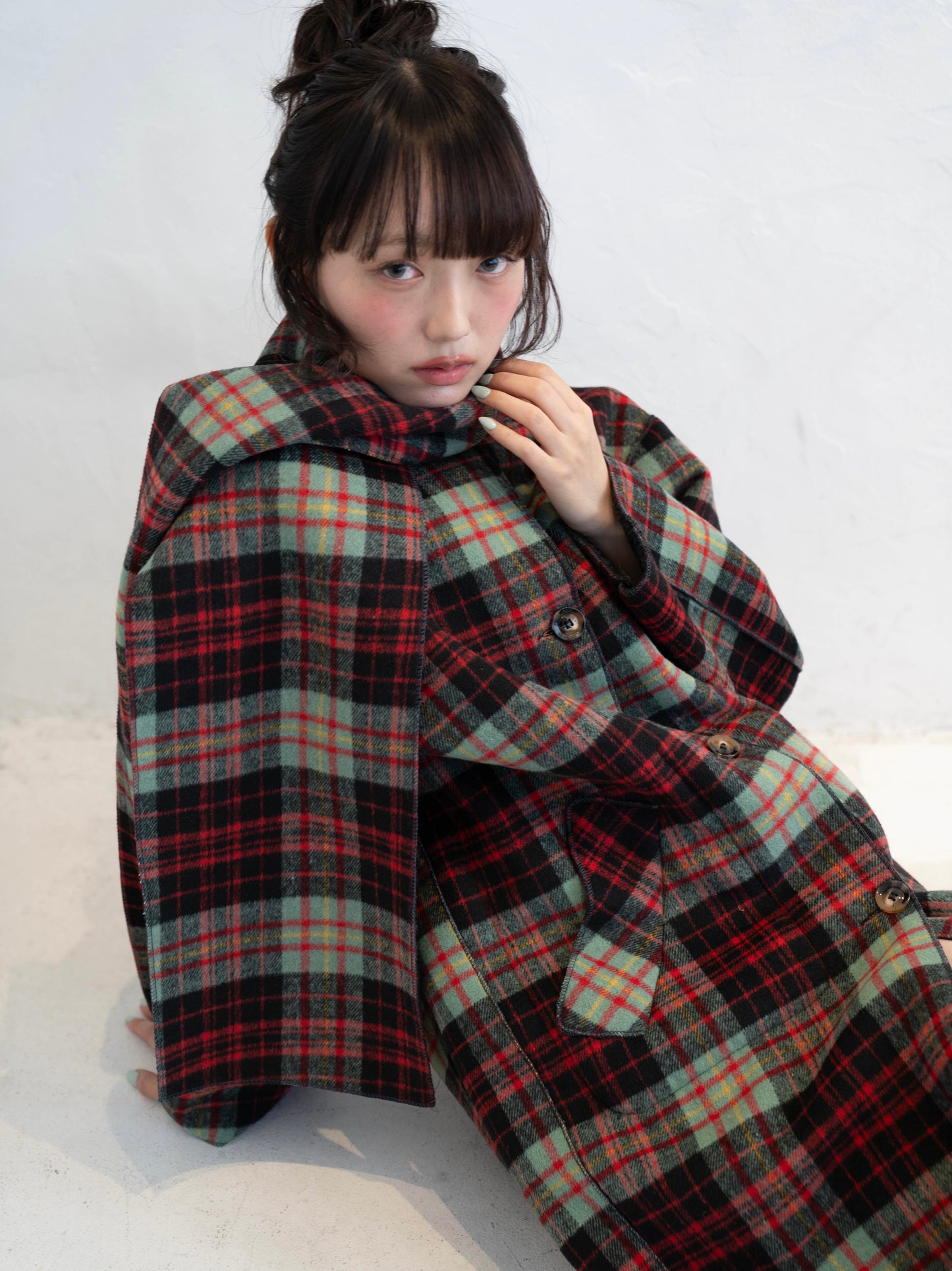 マフラー付きチェックロングコート DPC02015