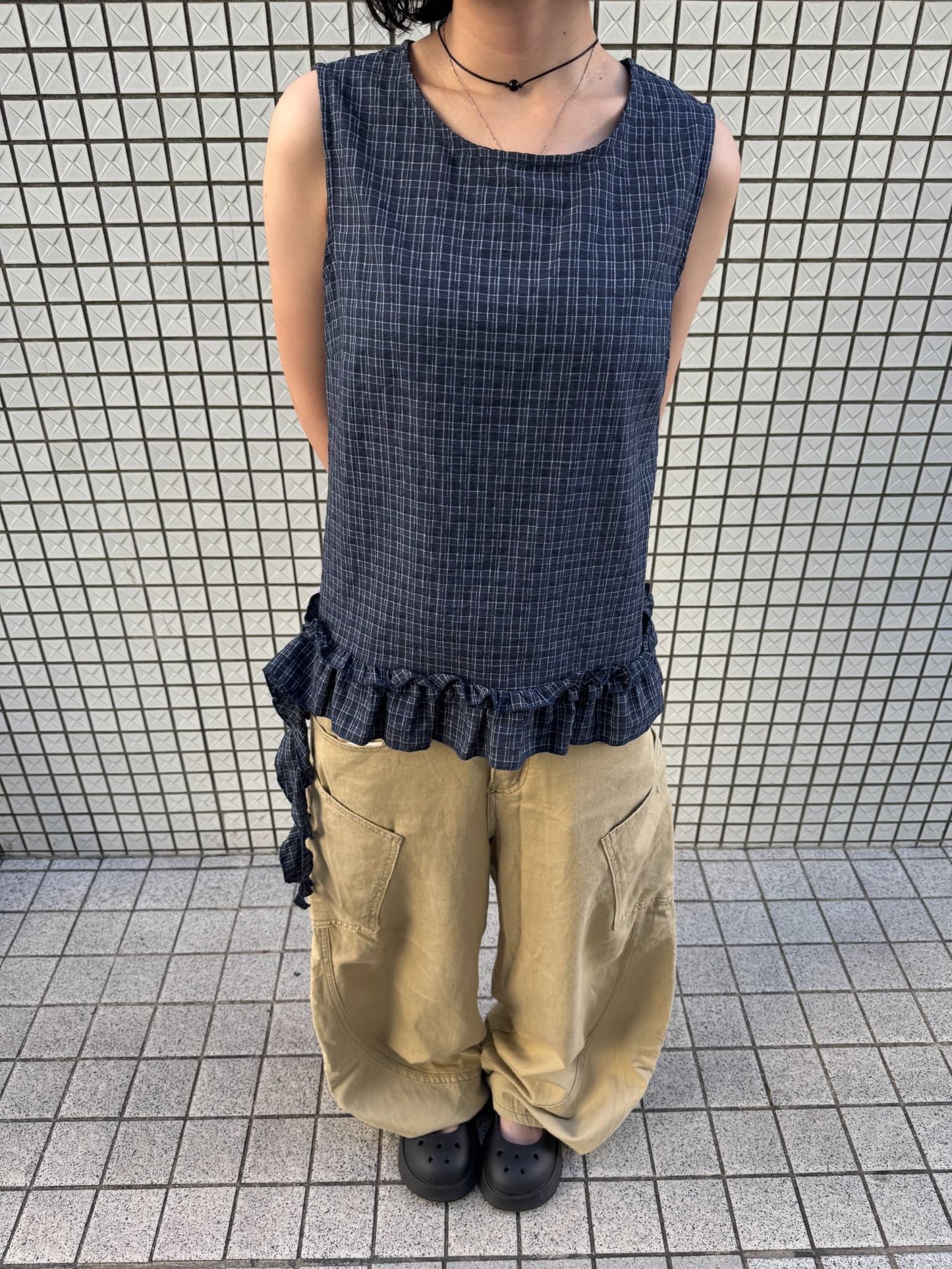 【即納】シュシュセットチェックディテールブラウス DPB85555S