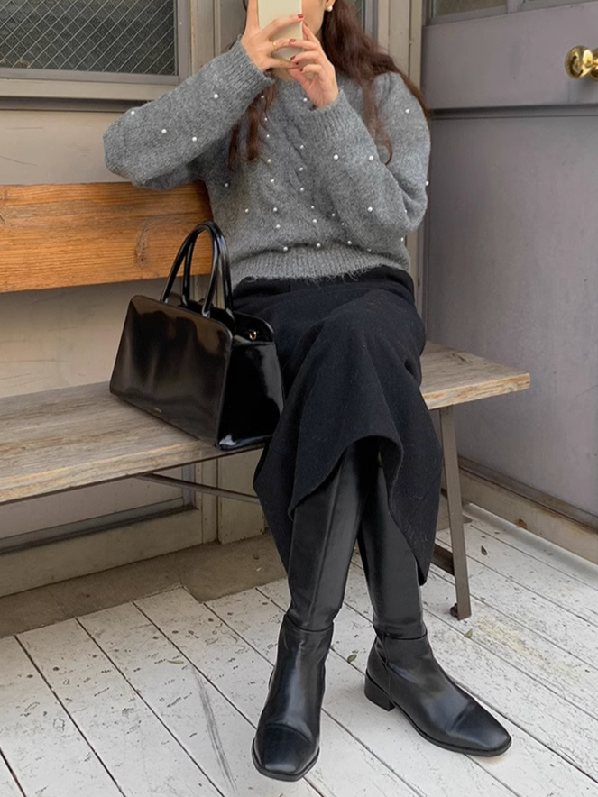 litmus パール付きグレーのニット帽 litmus パール付きグレーのニット帽 (タイムセール 半額 Unisex