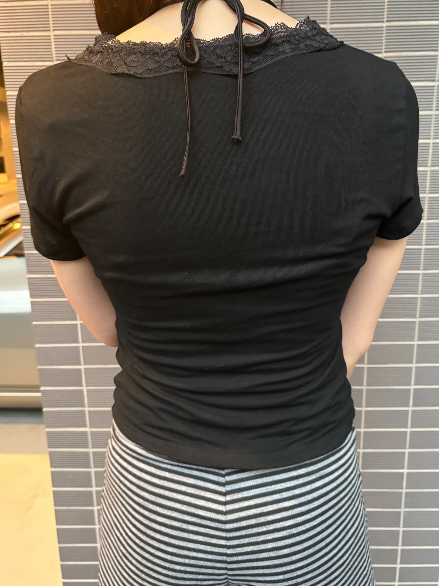 レースリボンガーリーVネックTシャツ DPC08075