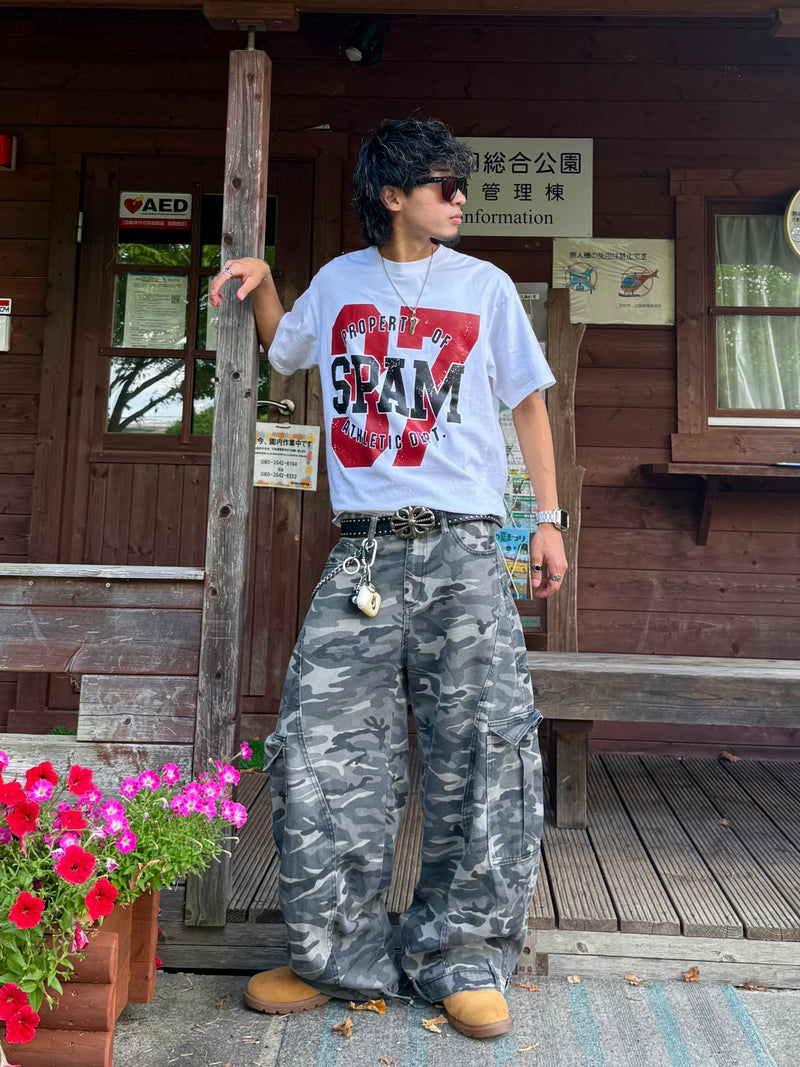 argue culture 迷彩カーゴデニムパンツ Argue Culture 迷彩カーゴパンツワイドベルト飾りストリート人気