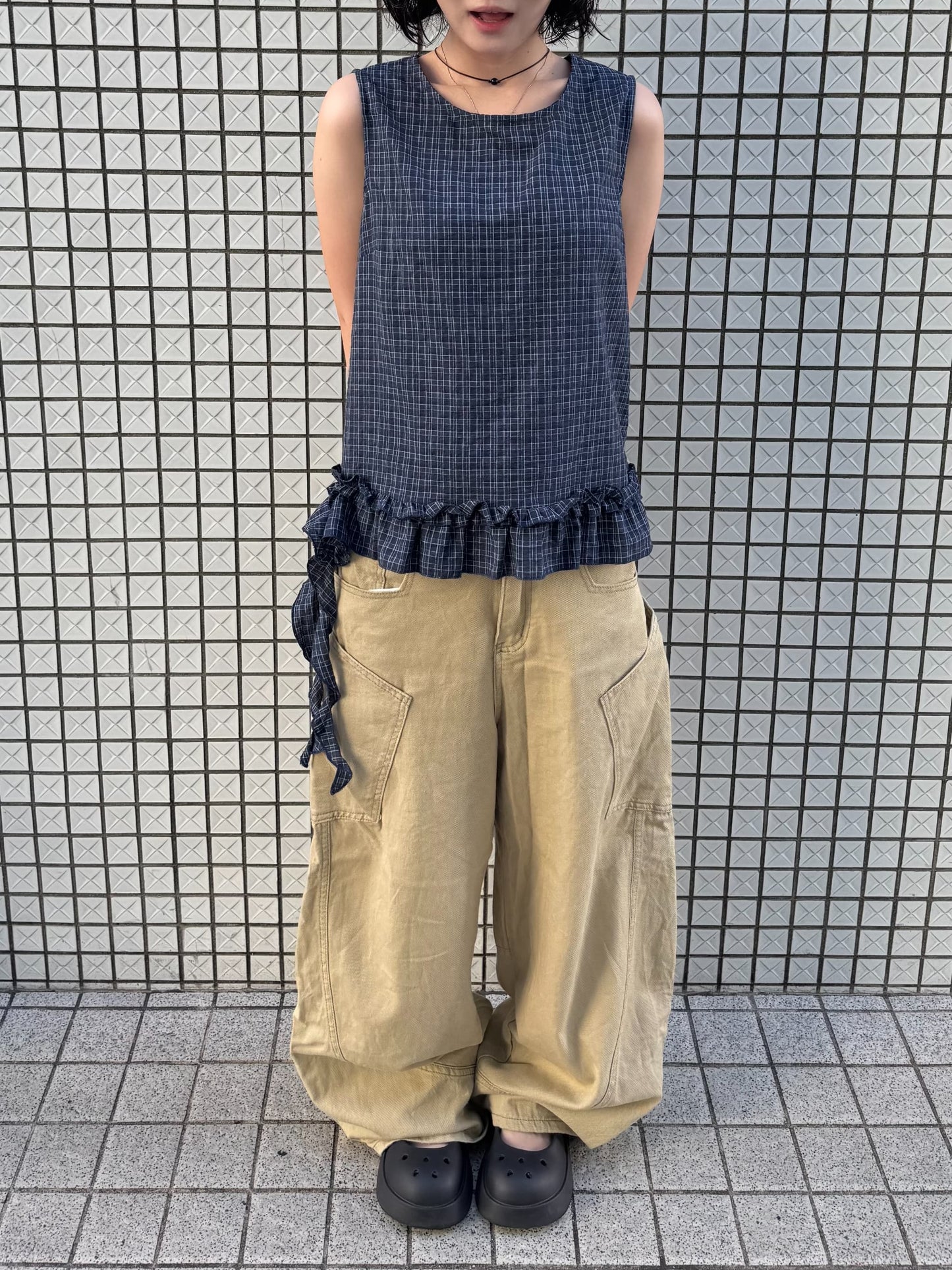 【即納】シュシュセットチェックディテールブラウス DPB85555S