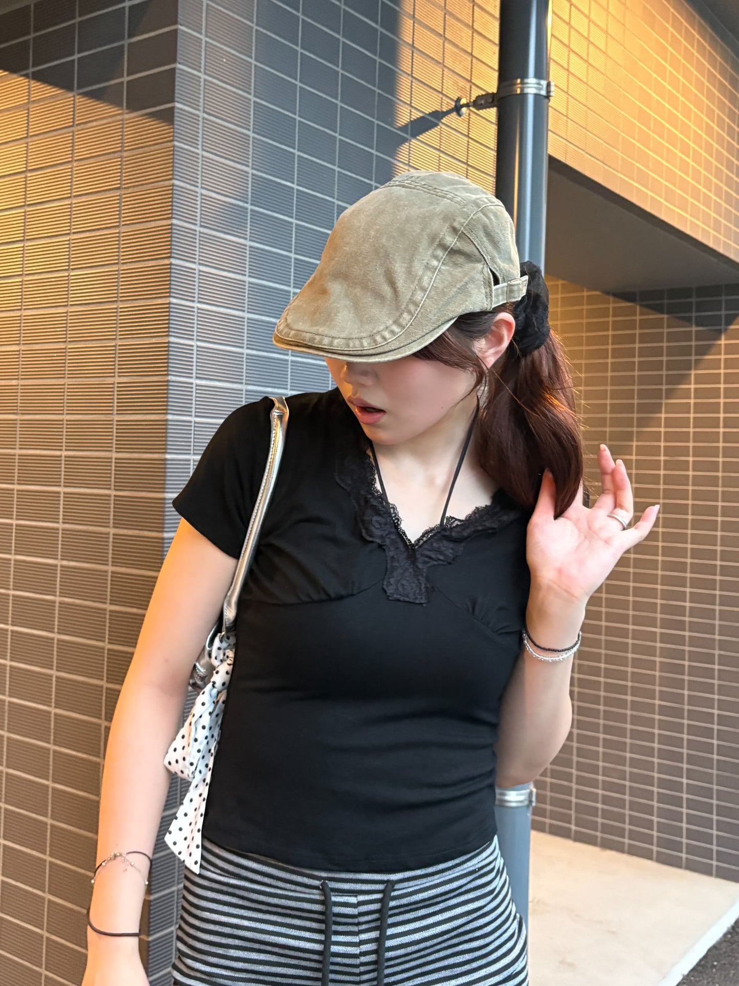 レースリボンガーリーVネックTシャツ DPC08075