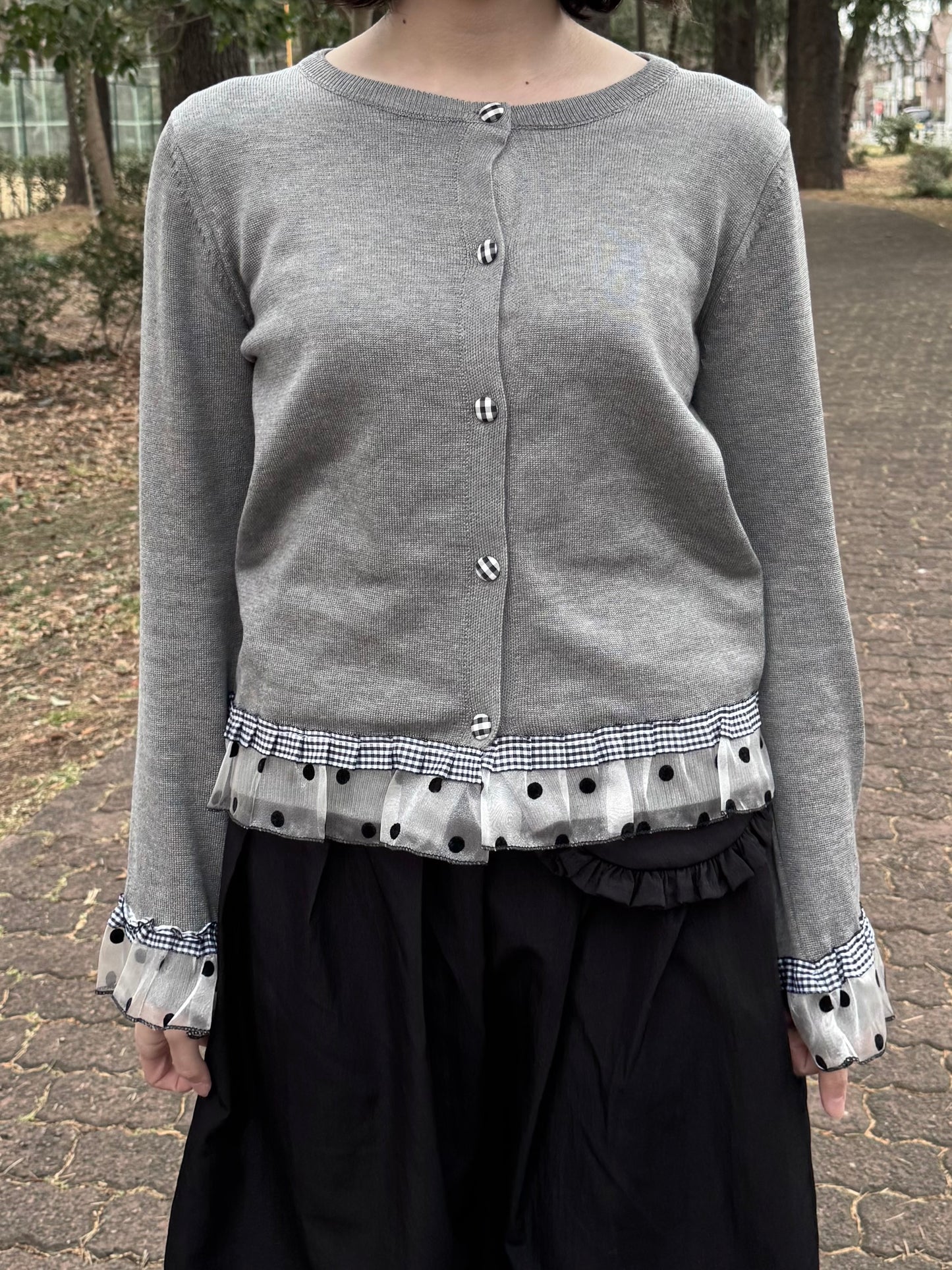 チェックボタンドットフリルカーディガン DPC03032