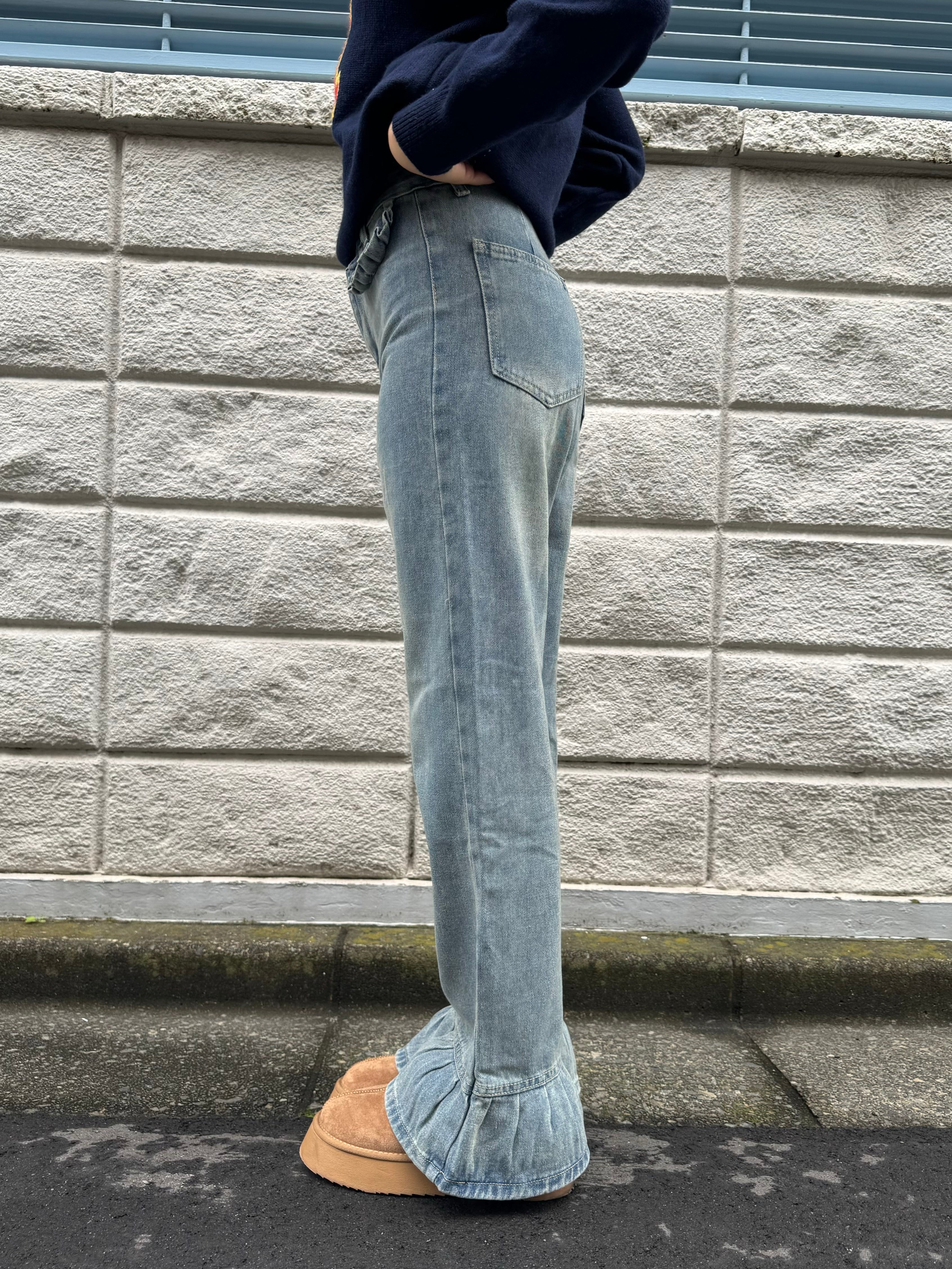 【美品】unminou ウエストフリルデニムパンツ　グレー　完売品 trim_ofnls_itema4adef1ebe8111e