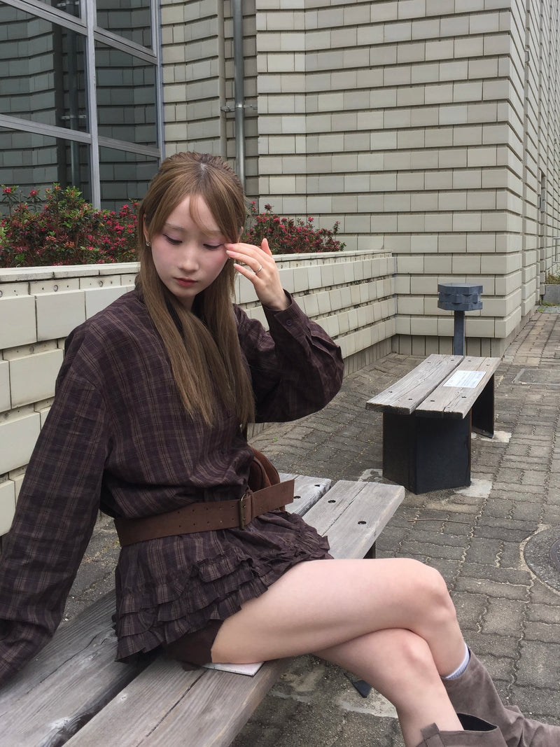 未使用タグ付き　BLUE LABEL チェックワンピ　ラベンダー×モカブラウン タータンチェックフリル衿ワンピース(80~130cm)(80cm ベージュ系