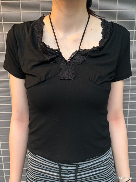 レースリボンガーリーVネックTシャツ DPC08075