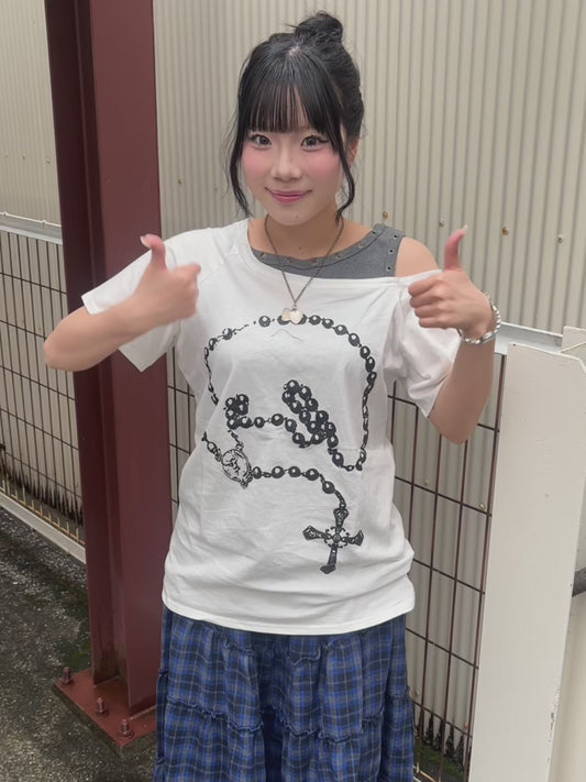 ホワイトオフショルキーデザインTシャツ DPB89247